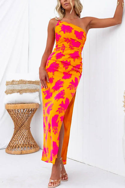 Damen-Maxikleid, bedrucktes Design mit Seitenschlitz aus Baumwolle und Polyester-1