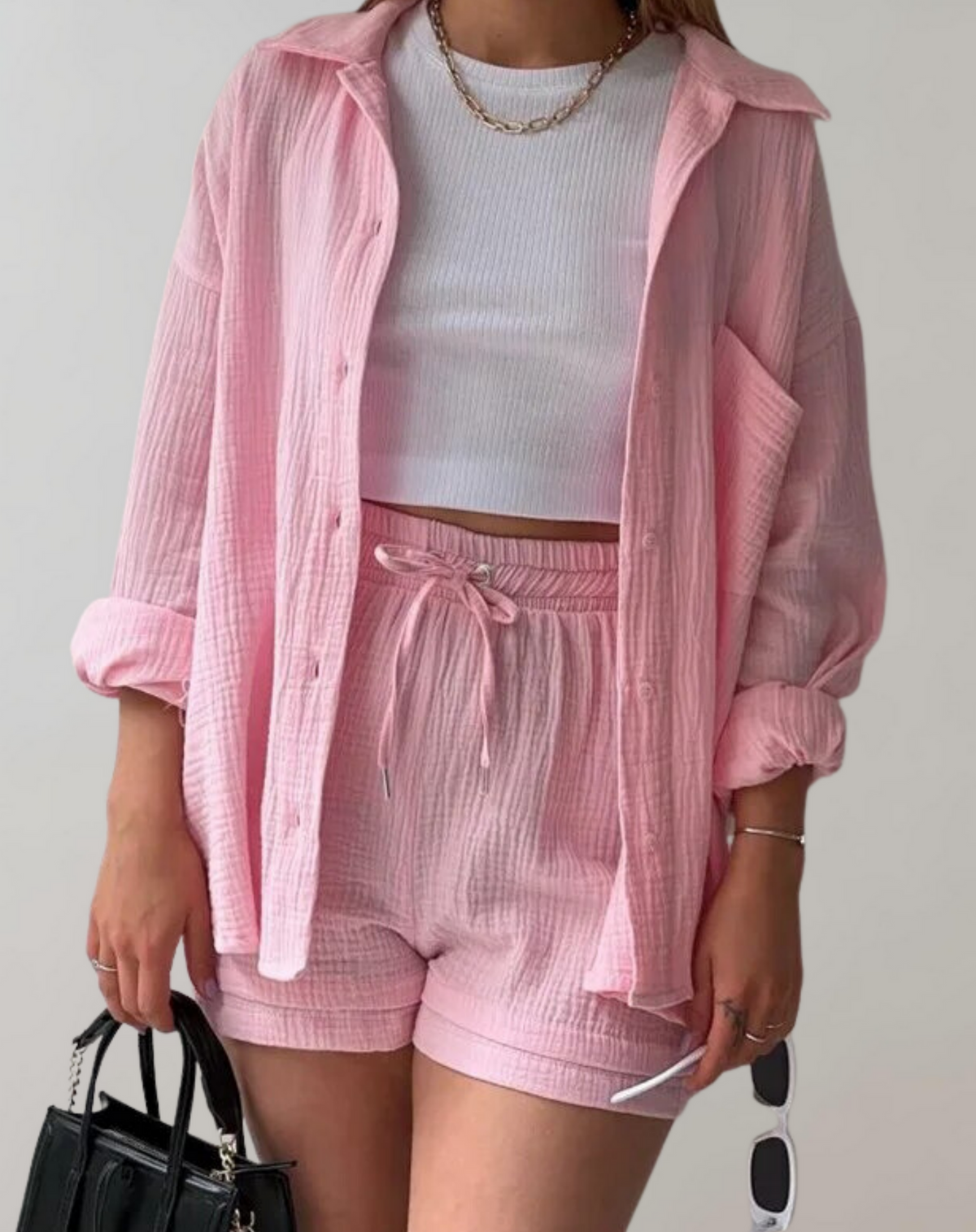 Variant image for Damen-Nachtwäsche-Set mit Kragen und Shorts aus Gaze-6