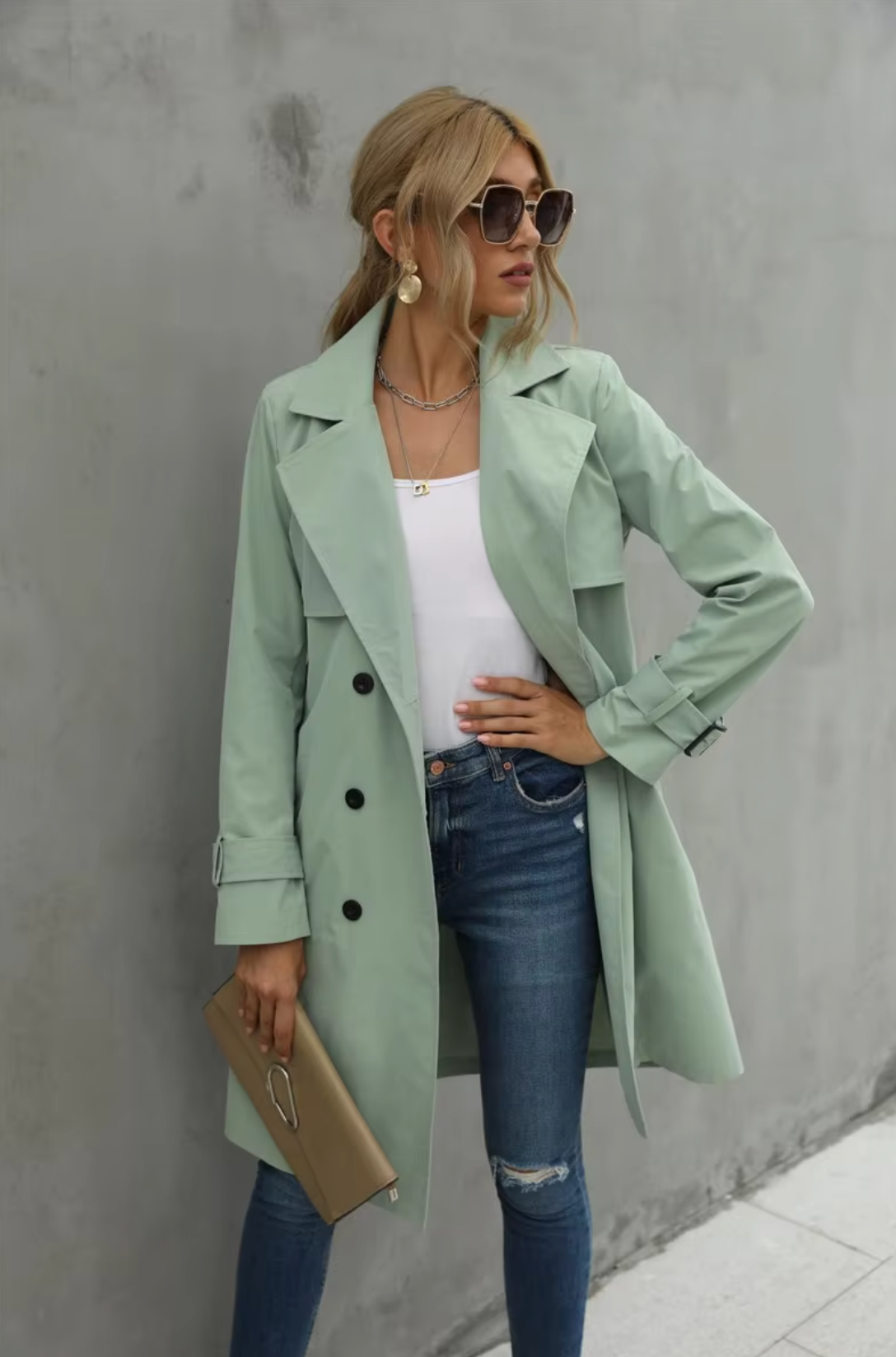 Damen-Trenchcoat, klassisches Design, Polyester, lange Ärmel-4