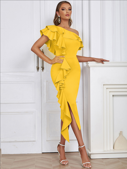 Damen-Midikleid mit asymmetrischem Design und Rüschenkragen - Sonnengelb, figurbetonte Passform, 100% Polyester 6