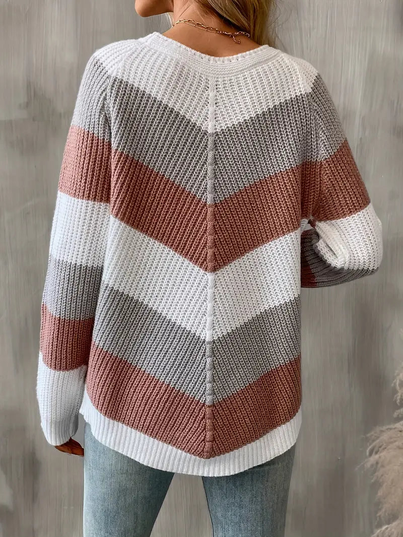 Damen-Strickpullover, Farbblock, runder Ausschnitt, Acryl 3