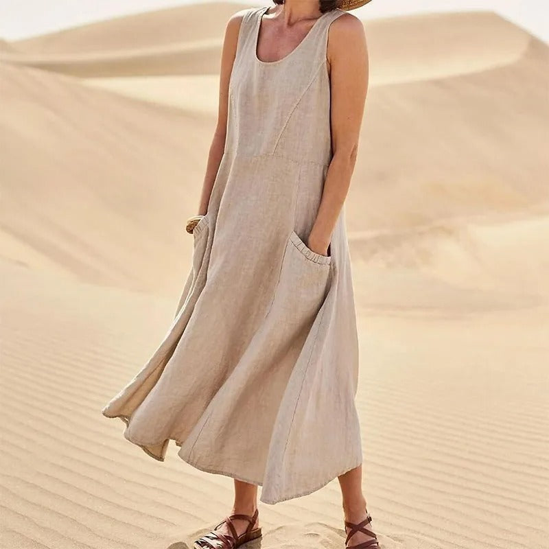 Damen-Kleines Leinenkleid mit Taschen, atmungsaktiv, Loose Fit 5