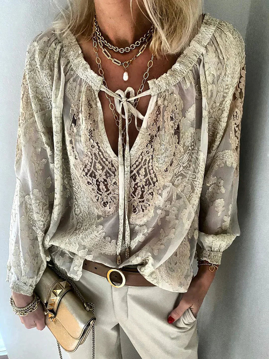 Weiße Damenbluse mit Spitzendetails Polyester Eleganter Stil-2