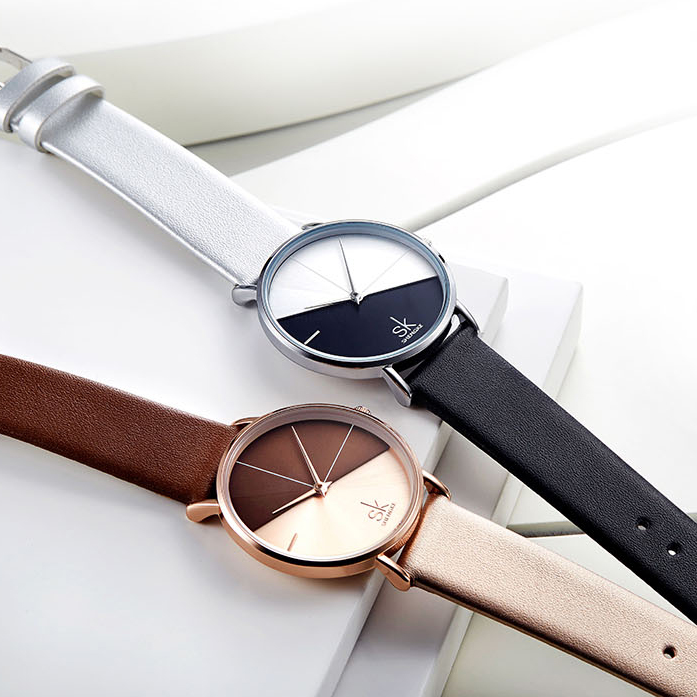 Herrenuhr, rund, diagonales Design, aus Edelstahl, mit PU-Lederband-5