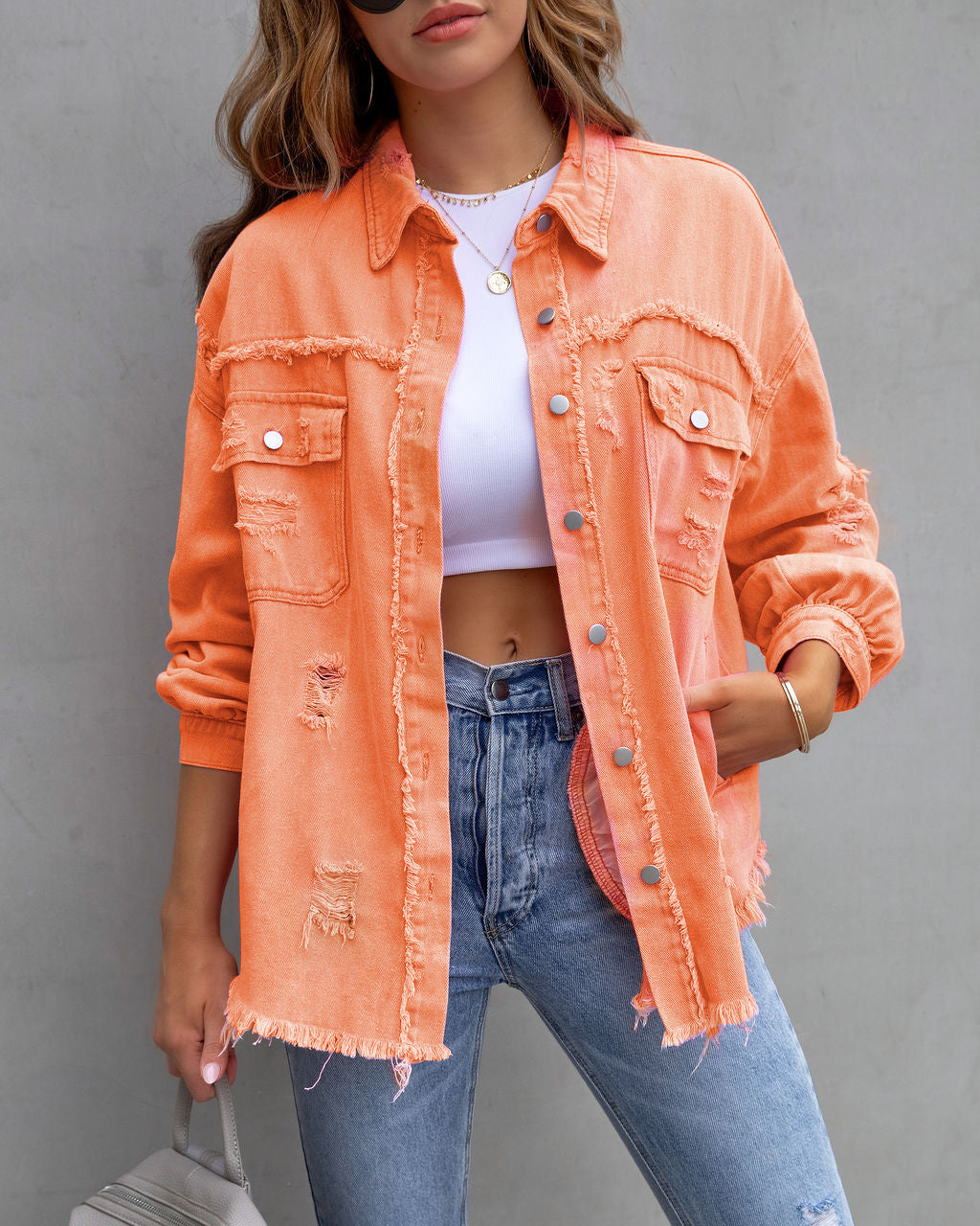Lässige Damen-Hemdjacke mit Ripped-Design aus weichem Materialmix – perfekt für Alltag und Party 15