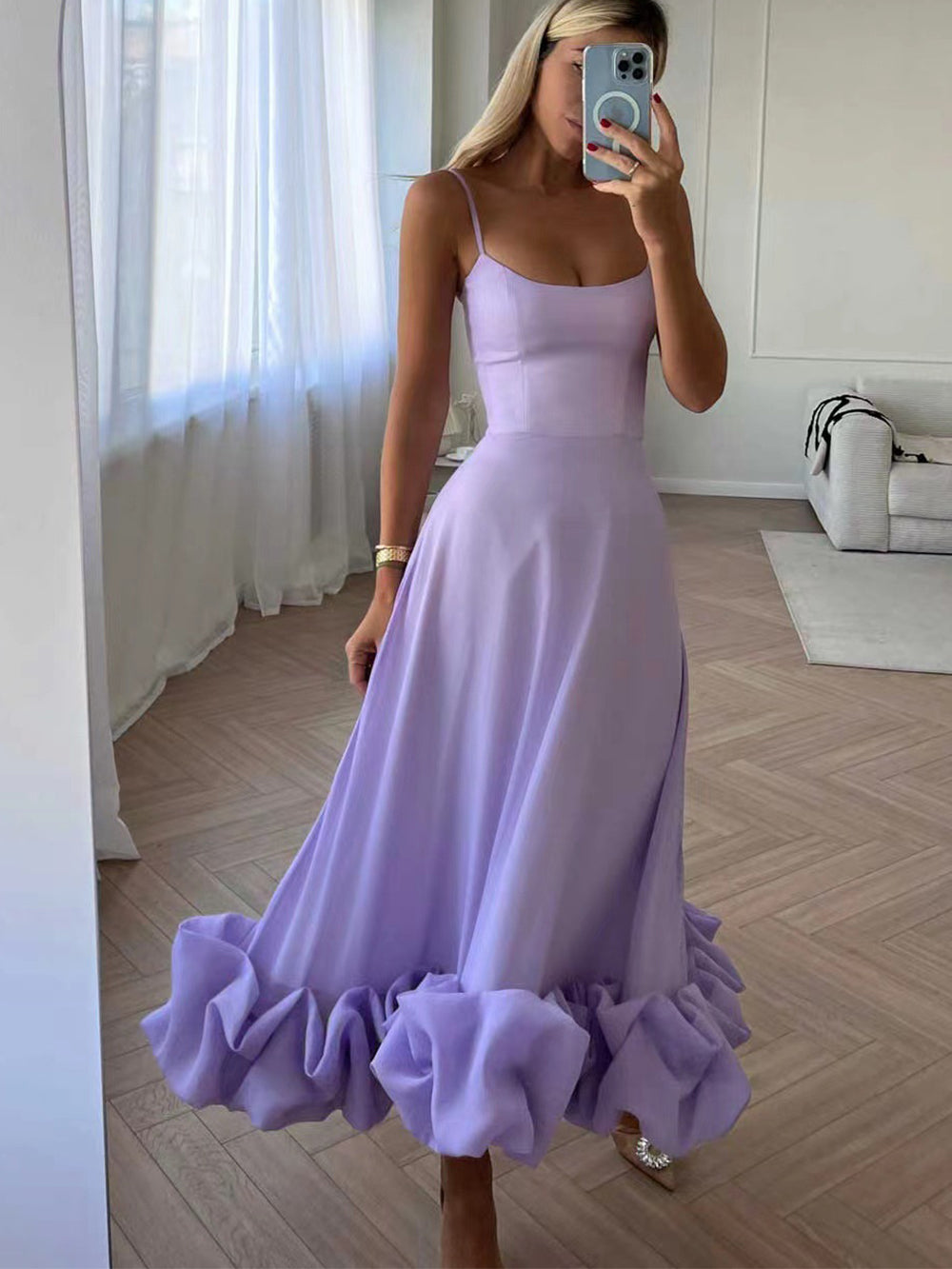 Damen-Maxikleid, geraffter Saum, hochwertiger Stoff-2