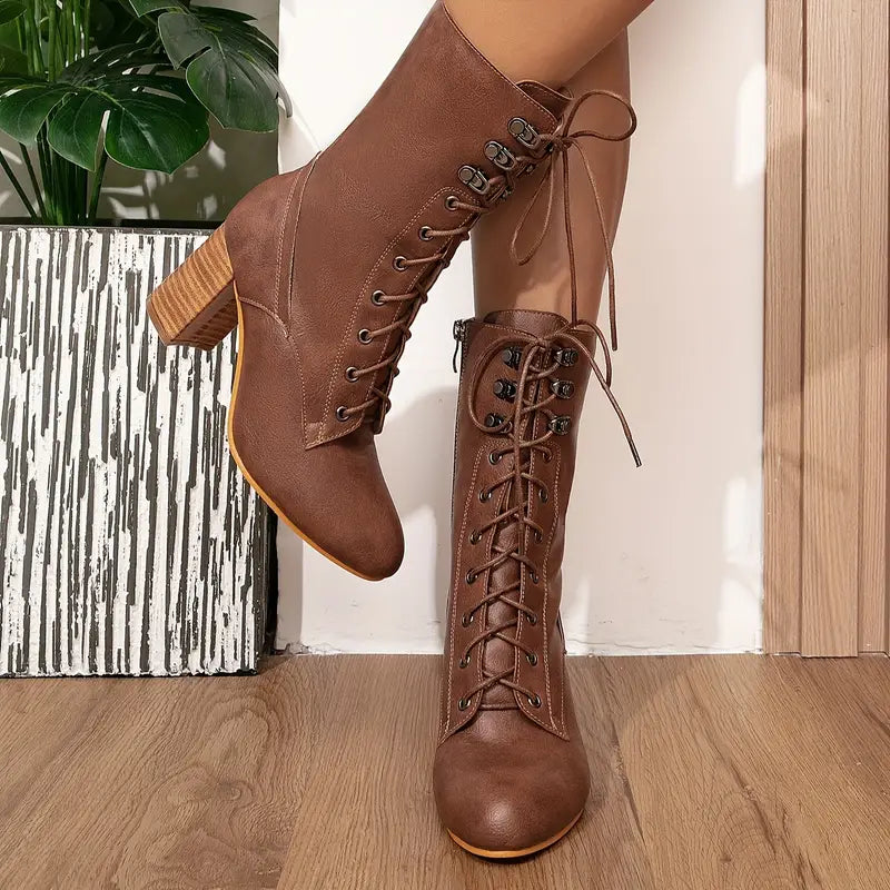 Damen-Lederstiefel, dicker Absatz, Spitzendesign, Samtfutter-3