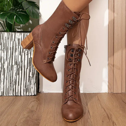 Damen-Lederstiefel, dicker Absatz, Spitzendesign, Samtfutter-3