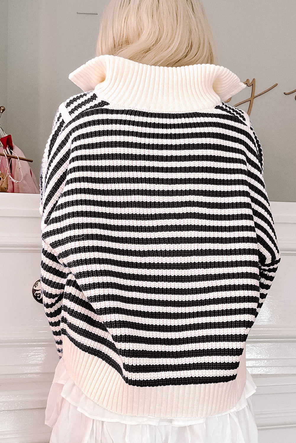 Damenpullover mit Reißverschluss, gestreift, 100% Baumwolle, mit Overlay-Schultern-6