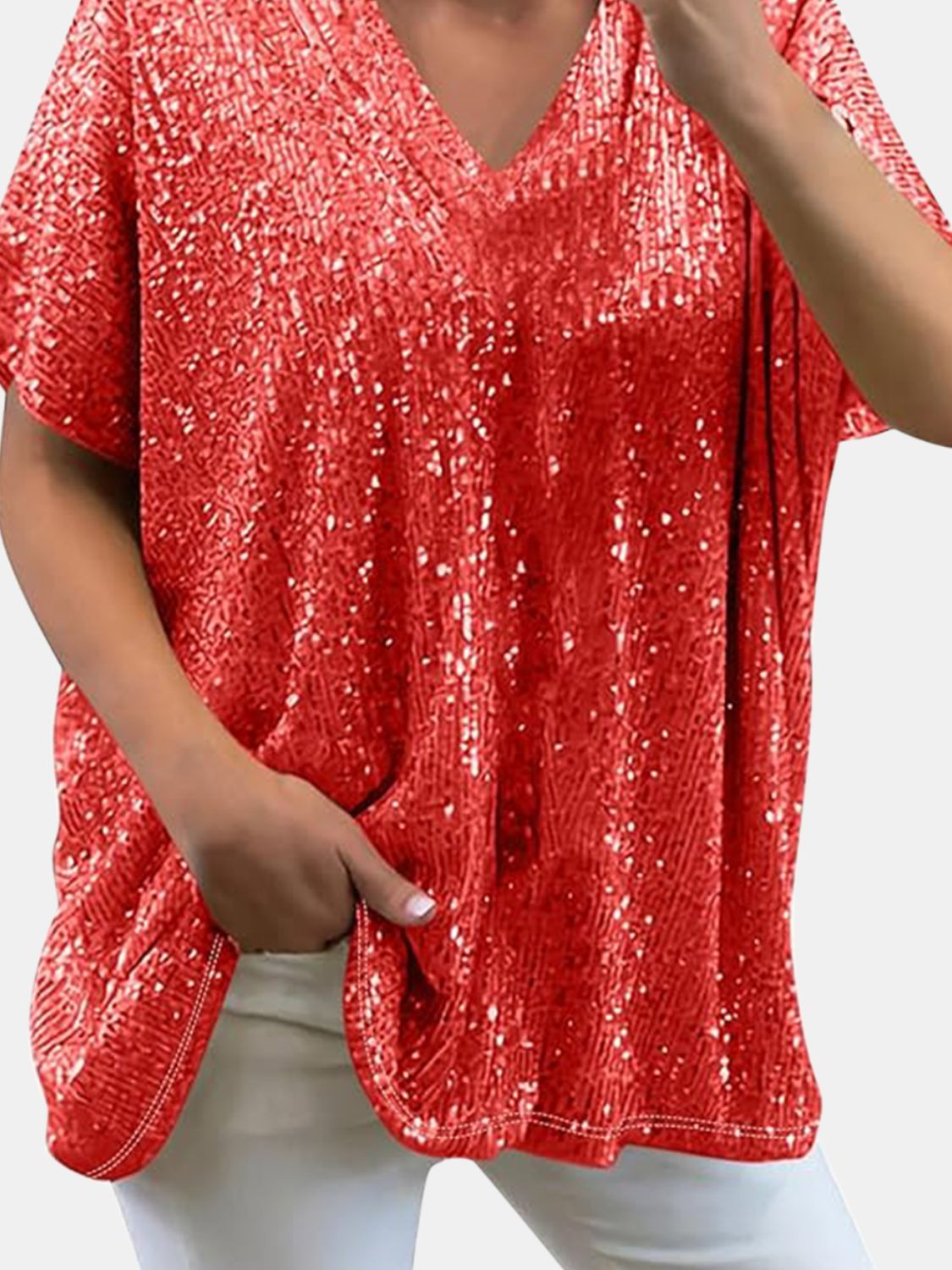 Damen-kurzärmelige Bluse, V-Ausschnitt, mit Pailletten, aus Polyester-5