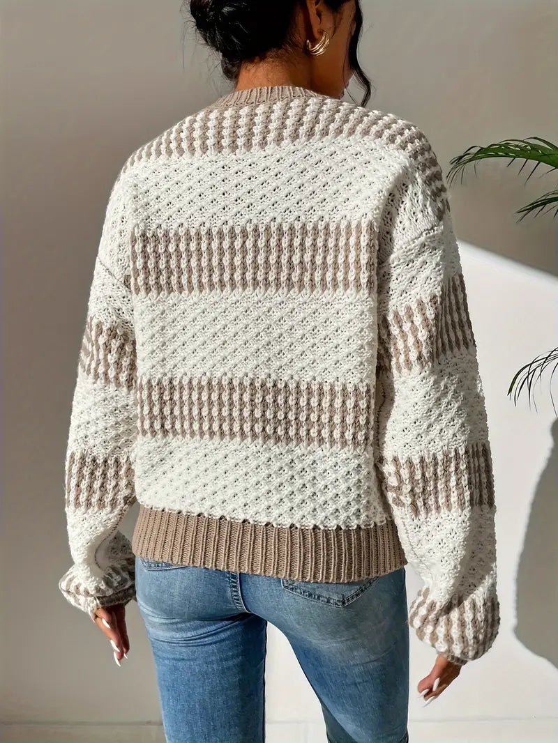 Damen-zweifarbiger Pullover, strukturiertes Strickmaterial-2