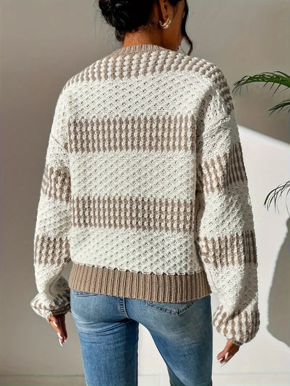 Damen-zweifarbiger Pullover, strukturiertes Strickmaterial-2