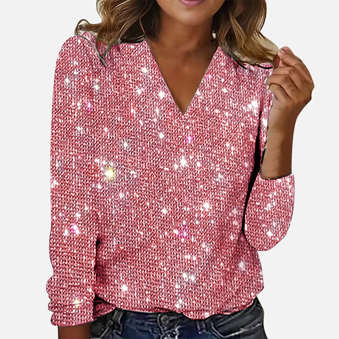 Damenbluse V-Ausschnitt mit Diamanten weiches Polyester-4