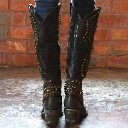 Damenstiefel, hoch, Chunky Absatz, synthetisches Material, mit metallischen Nieten-4