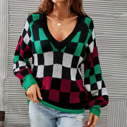 Damen-Pullover, karierter V-Ausschnitt, Baumwolle, Kontrastfarbe-5