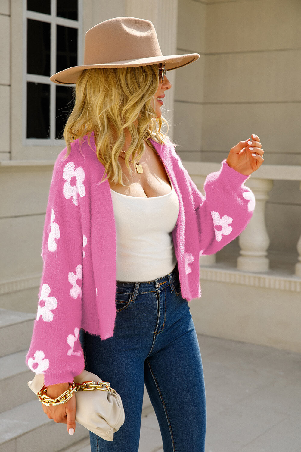 Blumiger Fuzzy-Cardigan für Damen mit offener Vorderseite und weiten Ärmeln – weiches Fleece in lässiger Passform 4