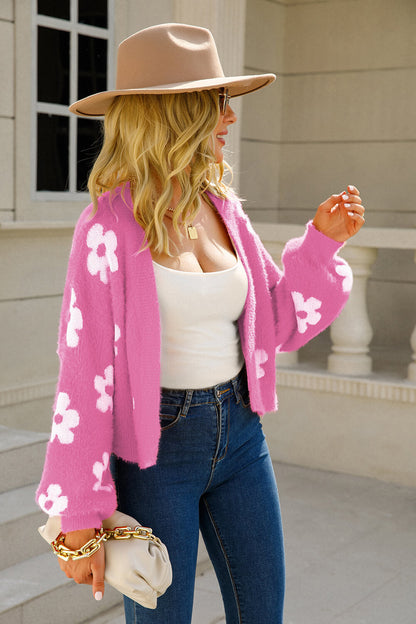 Blumiger Fuzzy-Cardigan für Damen mit offener Vorderseite und weiten Ärmeln – weiches Fleece in lässiger Passform 4