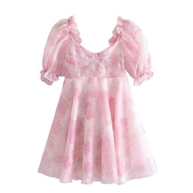 Damen-Kleid, Blumenmuster, Puffärmel, Organza-4
