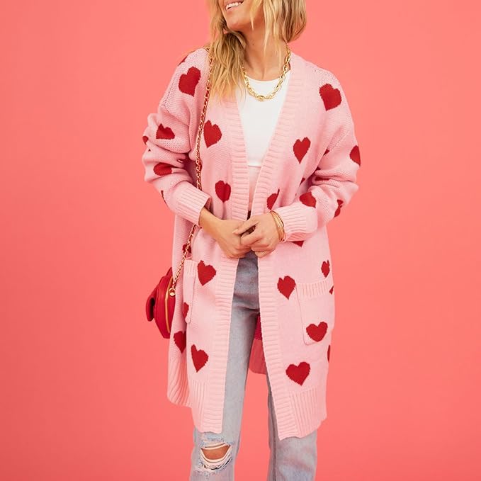 Damen-Strickjacke, Herzmuster, weich, Faser, rosa-2