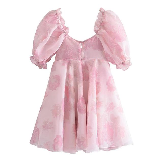 Damen-Kleid, Blumenmuster, Puffärmel, Organza-5