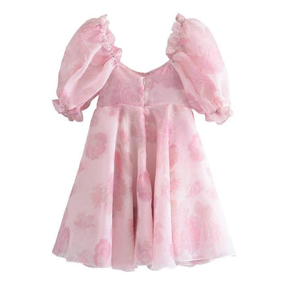 Damen-Kleid, Blumenmuster, Puffärmel, Organza-5