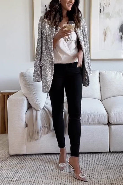 Damen Blazer mit Pailletten Offene Vorderseite Baumwolle Polyester-2