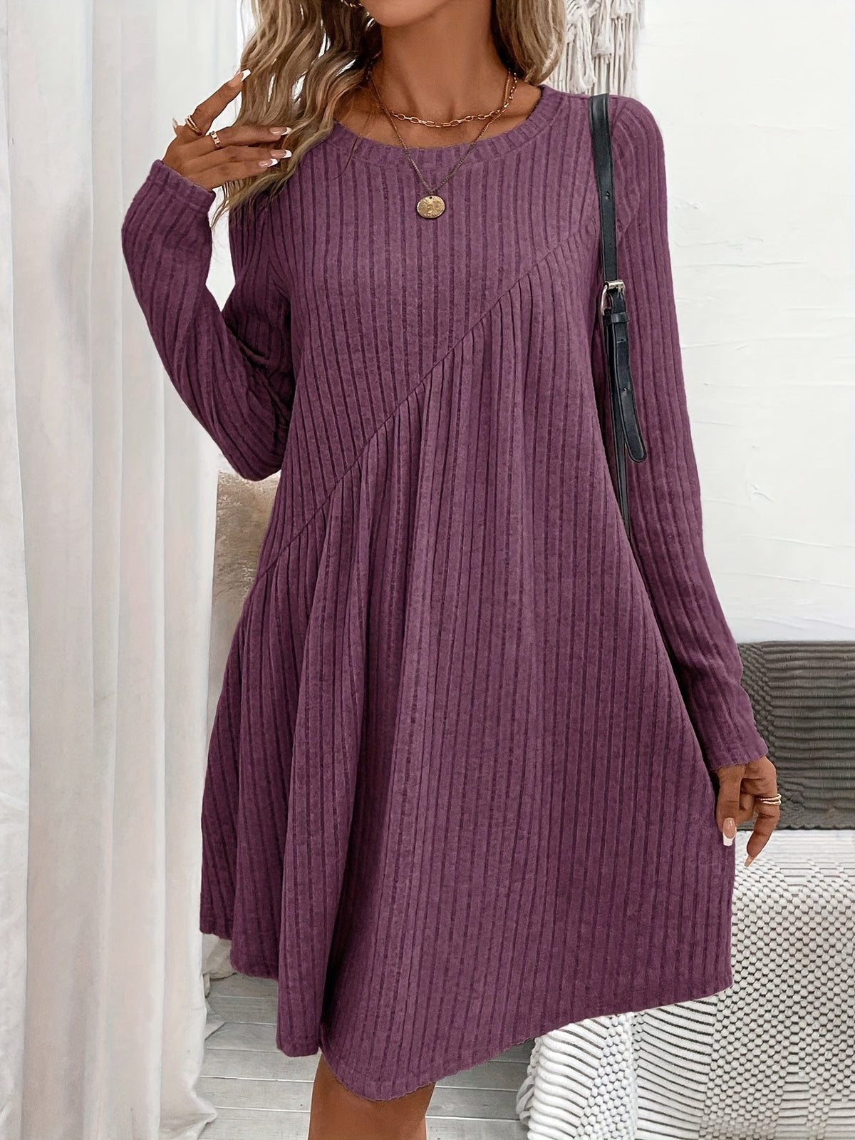 Damen-Basics-Kleid, asymmetrisch, Taille, gerippt, Material 1