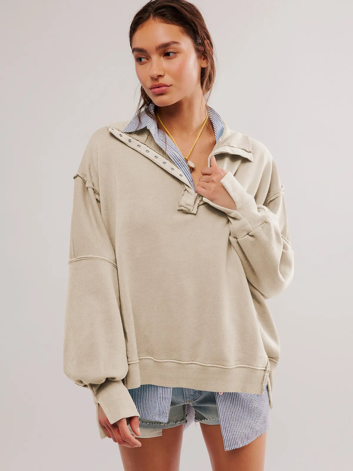 Variantenbild für Damen-Sweatshirt, dicker Pullover mit Knöpfen, 100% Baumwolle-17