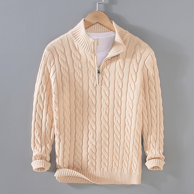 Herren-Pullover, Half-Zip, Flechtmuster, Baumwoll und Wollmischung-1