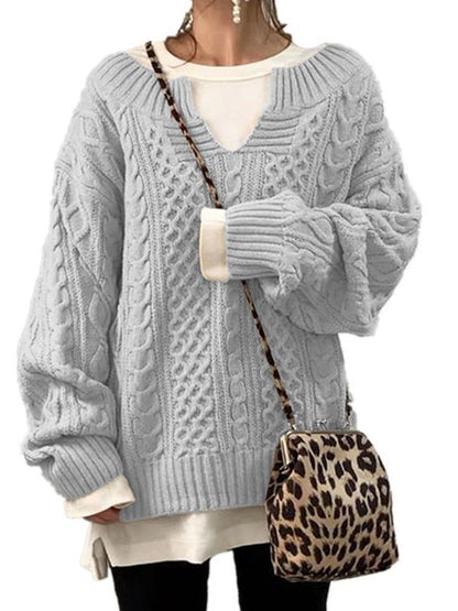 Damen-Strickpullover, oversized V-Ausschnitt, Zopfmuster, weiche Acrylmischung-6
