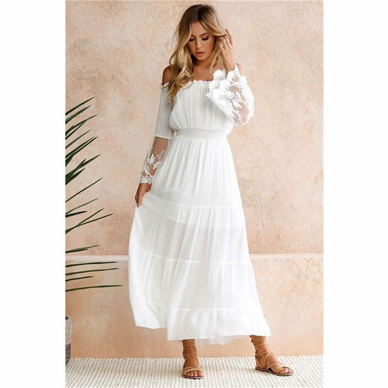 Maxikleid Damen Spitzendetails V-Ausschnitt Polyester-5