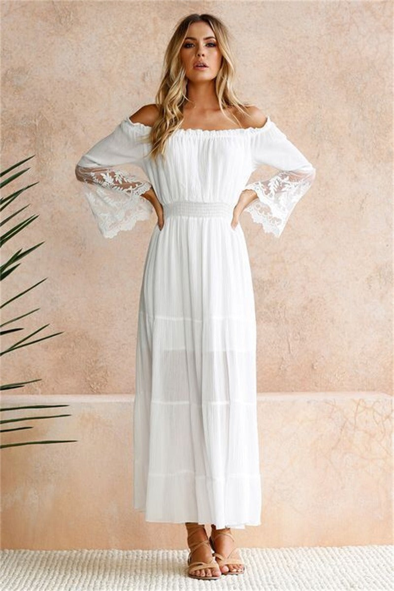 Maxikleid Damen Spitzendetails V-Ausschnitt Polyester-3