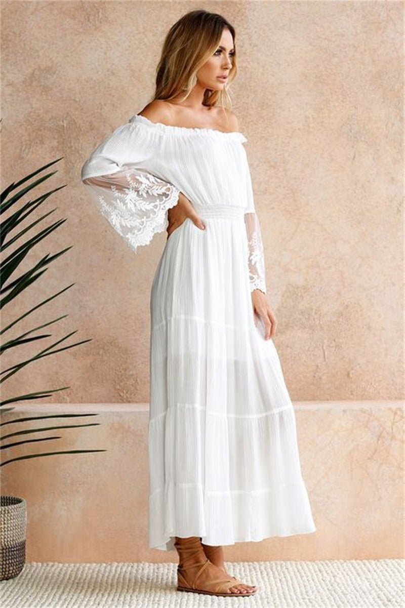 Maxikleid Damen Spitzendetails V-Ausschnitt Polyester-6