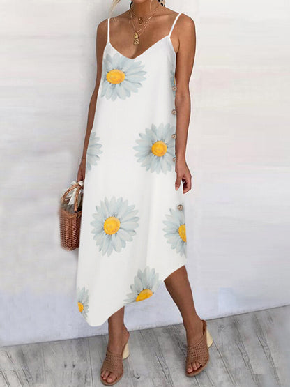 Schöne Damenkleider, Midi, asymmetrisches Zuhause, V-Ausschnitt, Blumenmuster, Baumwolle, Polyester-4