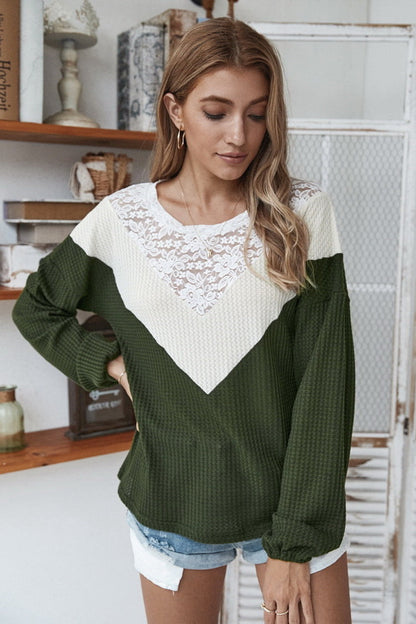Damen-Patchwork-Top, langärmelig, Polyester-3