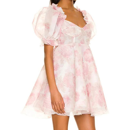 Damen-Kleid, Blumenmuster, Puffärmel, Organza-2