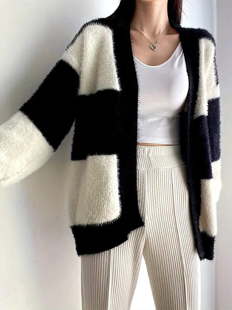 Damen-Lange Strickjacke, Farbblock, Design, Weiches Material-1