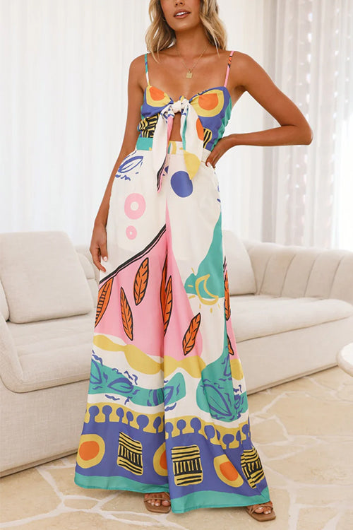 Damen-Jumpsuit Knotenfront Bedruckt Baumwolle Polyester mit weitem Bein und Taschen-1
