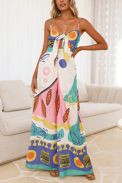 Damen-Jumpsuit Knotenfront Bedruckt Baumwolle Polyester mit weitem Bein und Taschen-1