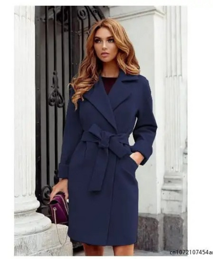 Damen-Trenchcoat mit Gürtel, wendbarer Kragen, Polyester, knielang-3