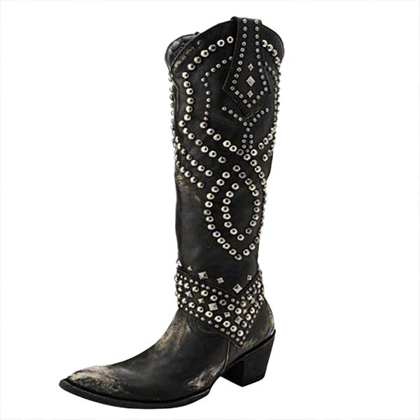 Damenstiefel, hoch, Chunky Absatz, synthetisches Material, mit metallischen Nieten-5