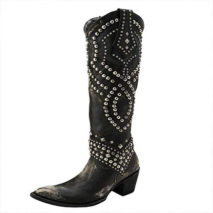 Damenstiefel, hoch, Chunky Absatz, synthetisches Material, mit metallischen Nieten-5