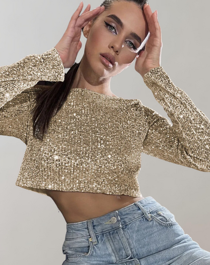 Damen Crop-Top Glitzernde Pailletten Elastisch Weich-1