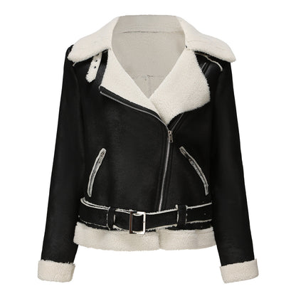 Damen-Winterjacke mit Pelz und Gürtel aus Kunstleder, langer Schnitt-3