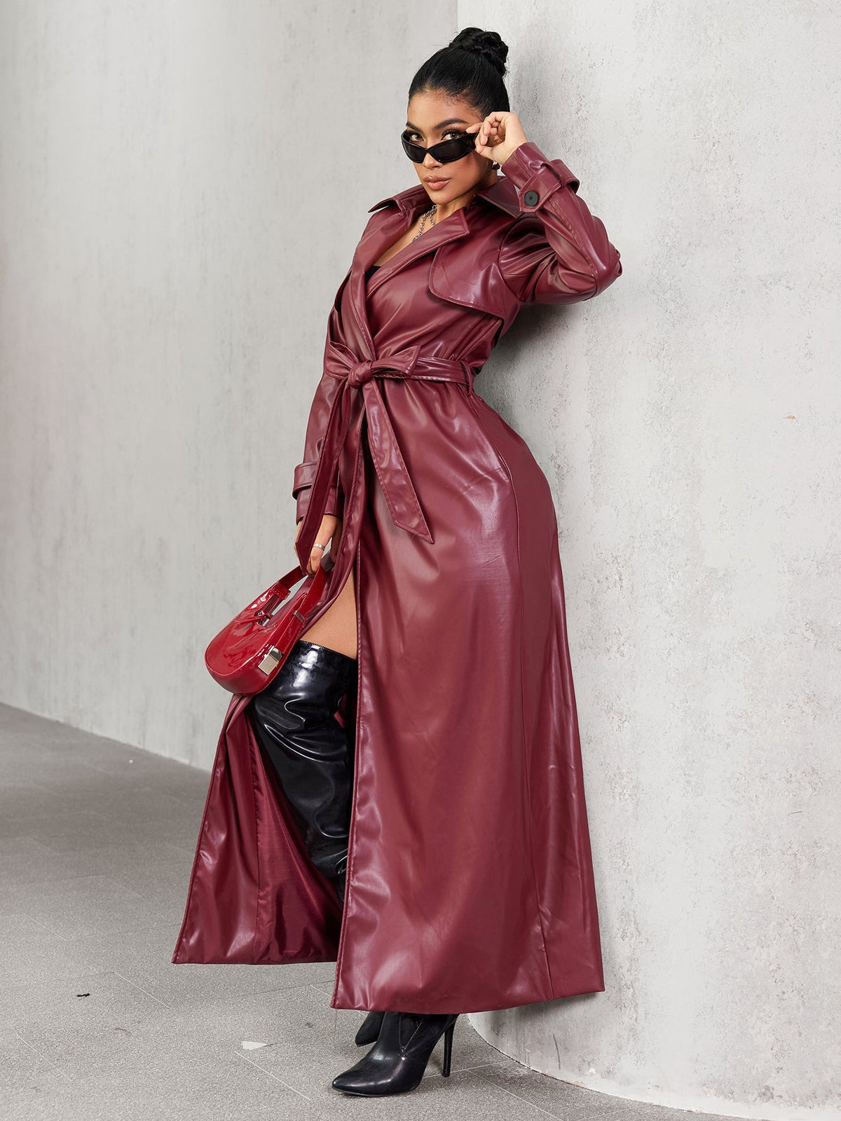 Damen-Trenchcoat, lange offene Front PU Leder-5