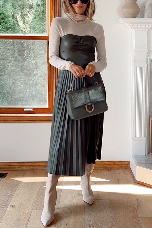 Damen-Midikleid, trägerlos, Kunstleder, schöne Damenkleider-5