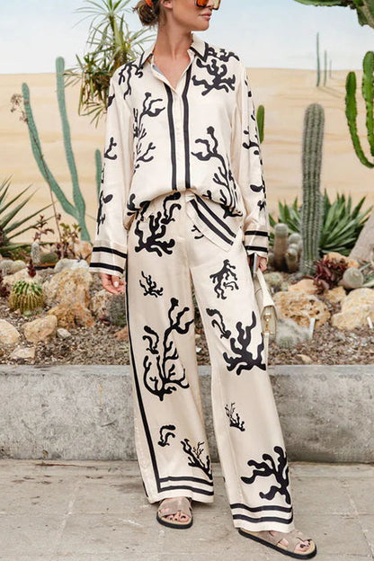 Damen-Kleidung Satin-Set Langarm-Bluse und weite Hose für den Sommer-1