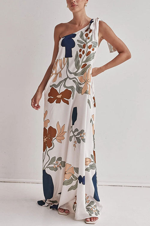Damen-Maxikleid, Asymmetrische Blumenmuste Baumwolle, Polyester, Sommer-1