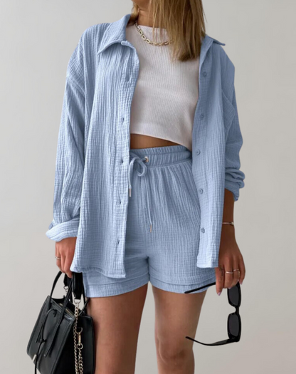 Damen-Nachtwäsche-Set mit Kragen und Shorts aus Gaze-2