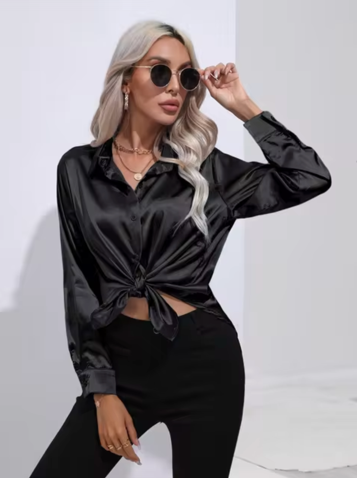 Damenbluse Langarm Satin eleganter V-Ausschnitt-6